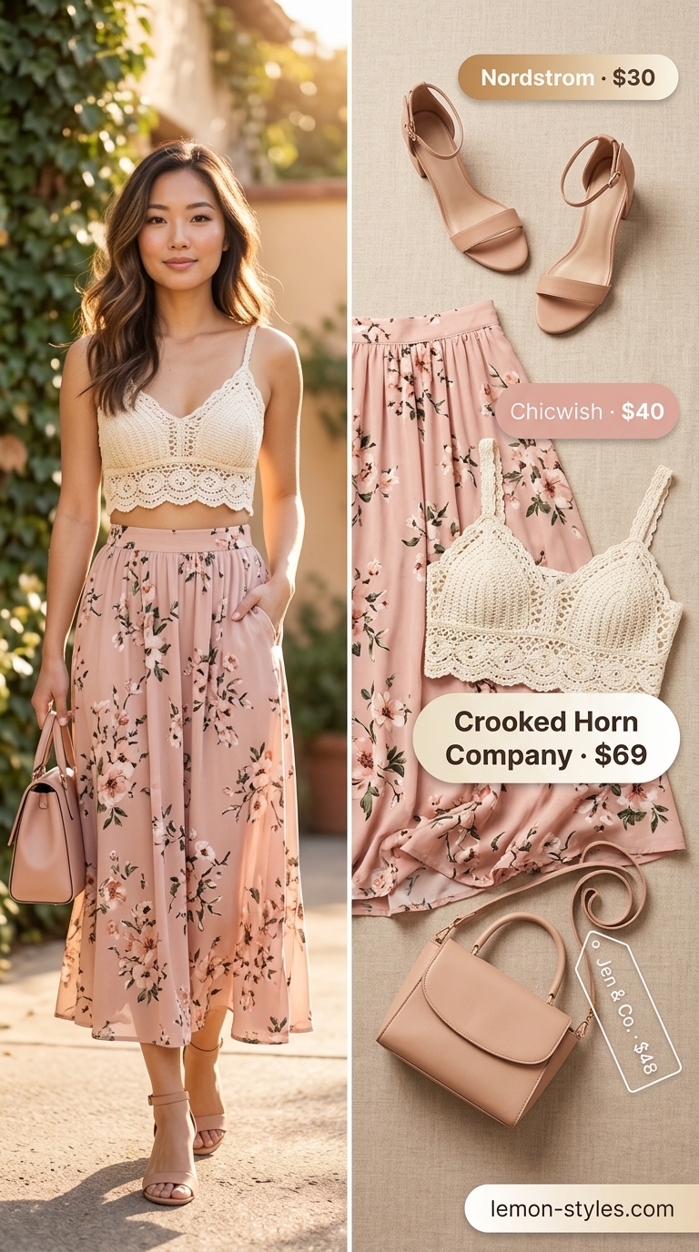 Garden Romance: Crochet Crop Top Outfits 2026 Cream crochet crop top with a floral maxi skirt for a garden party outfit 2026.
