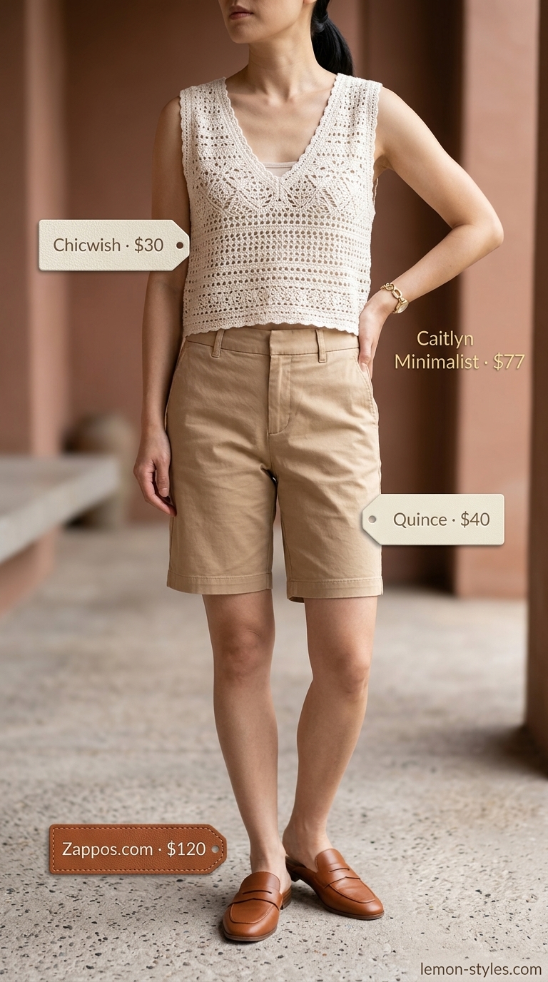 Minimalist Office: Crochet Crop Top Outfits 2026 Beige crochet vest crop top with black Bermuda shorts for a minimalist office outfit 2026.