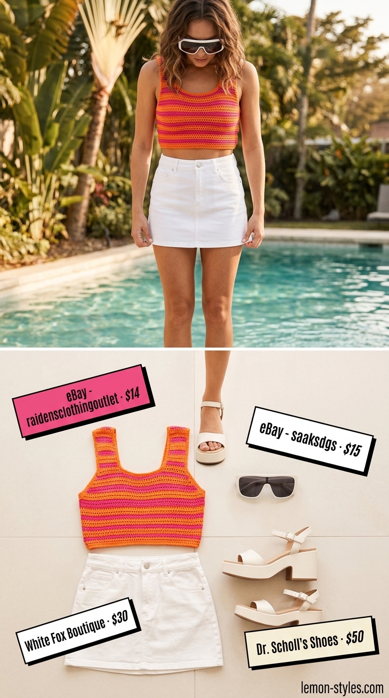 Retro Poolside Glam: Crochet Crop Top Outfits 2026 Striped crochet crop top with a white denim mini skirt for a retro poolside outfit 2026.