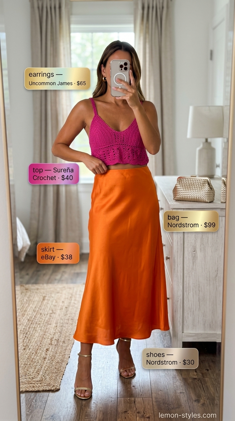 Tropical Fiesta: Crochet Crop Top Outfits 2026 Fuchsia crochet crop top with an orange maxi skirt for a tropical party outfit 2026.