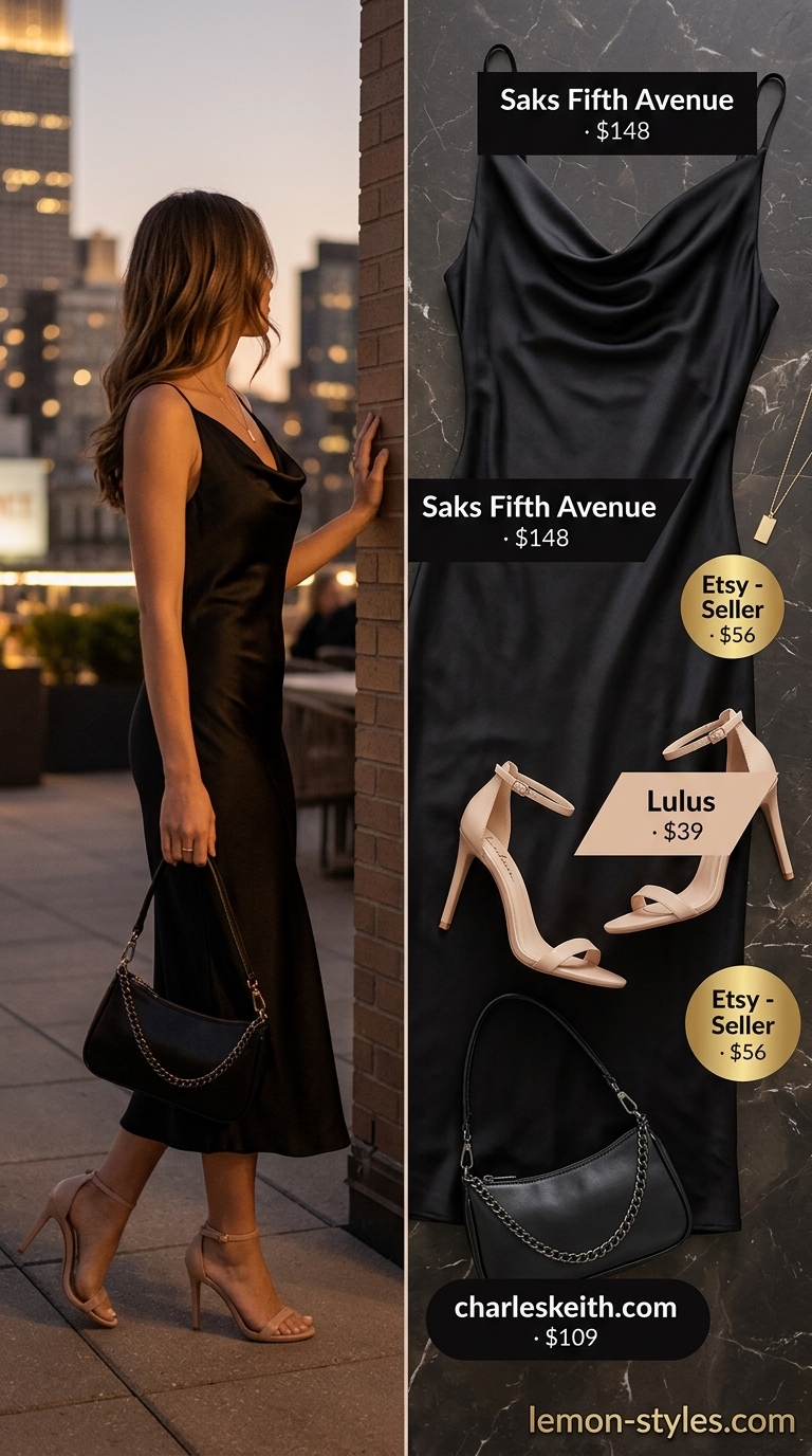 Black Satin Rooftop Dress 2026 Black satin slip dress with gold necklace for a rooftop lounge. Summer date night dress outfits for women 2026.