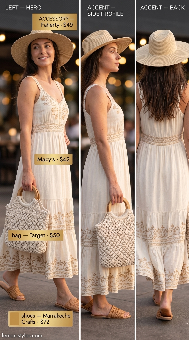 Summer Date Night Dress 2026: Boho Beach Maxi Cream tiered maxi sundress for summer date night outfits for women 2026. Boho beach style with tan slides & straw hat.