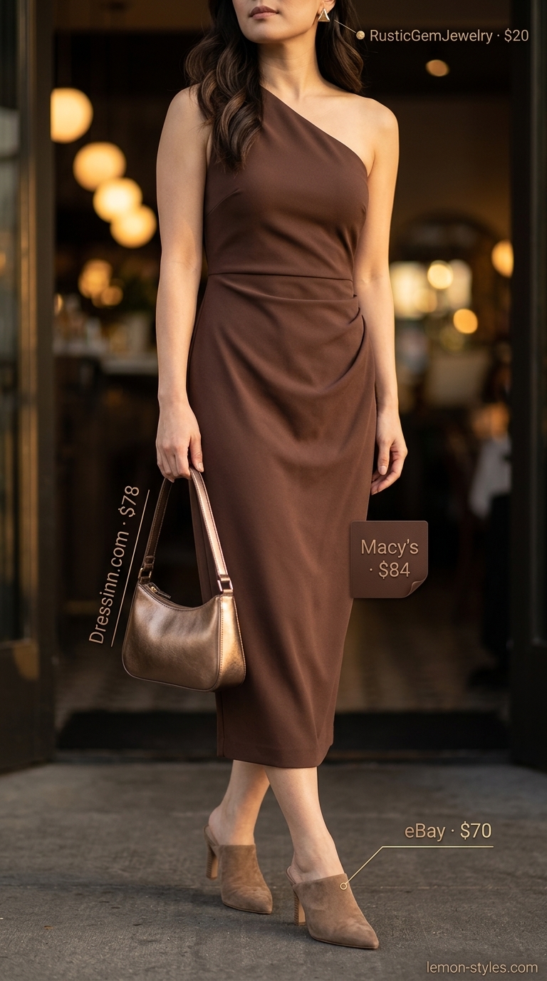 Chocolate Chic Event Dress 2026 Chocolate brown one-shoulder midi dress with bronze bag for a sophisticated event. Summer date night dress outfits for women 2026.