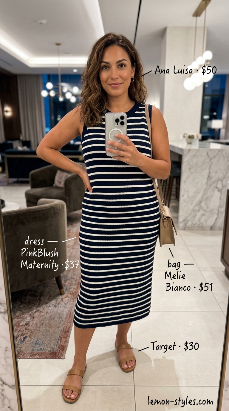 Coastal Brunch Stripe Dress 2026 Navy and white striped knit dress with red crossbody bag for brunch. Summer date night dress outfits for women 2026.