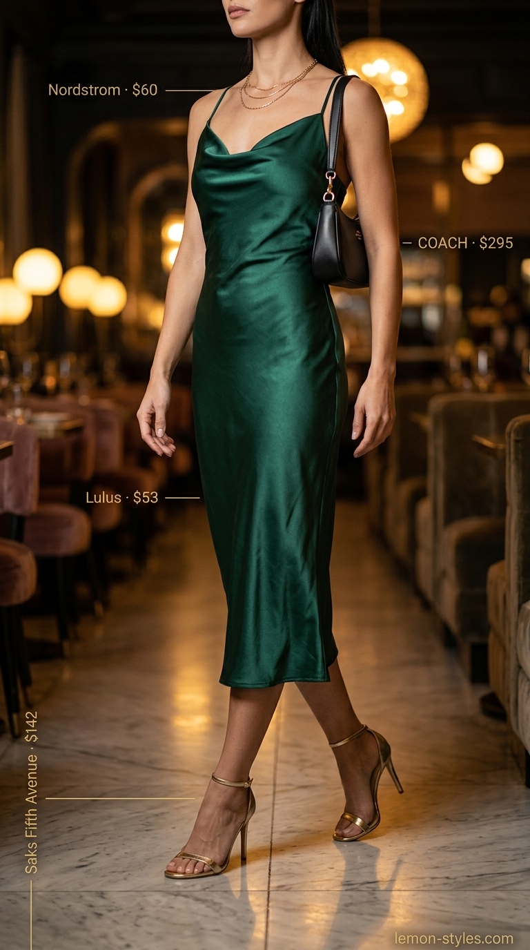 Emerald Green Dining Dress 2026 Emerald green satin slip dress with gold jewelry for fine dining. Summer date night dress outfits for women 2026.