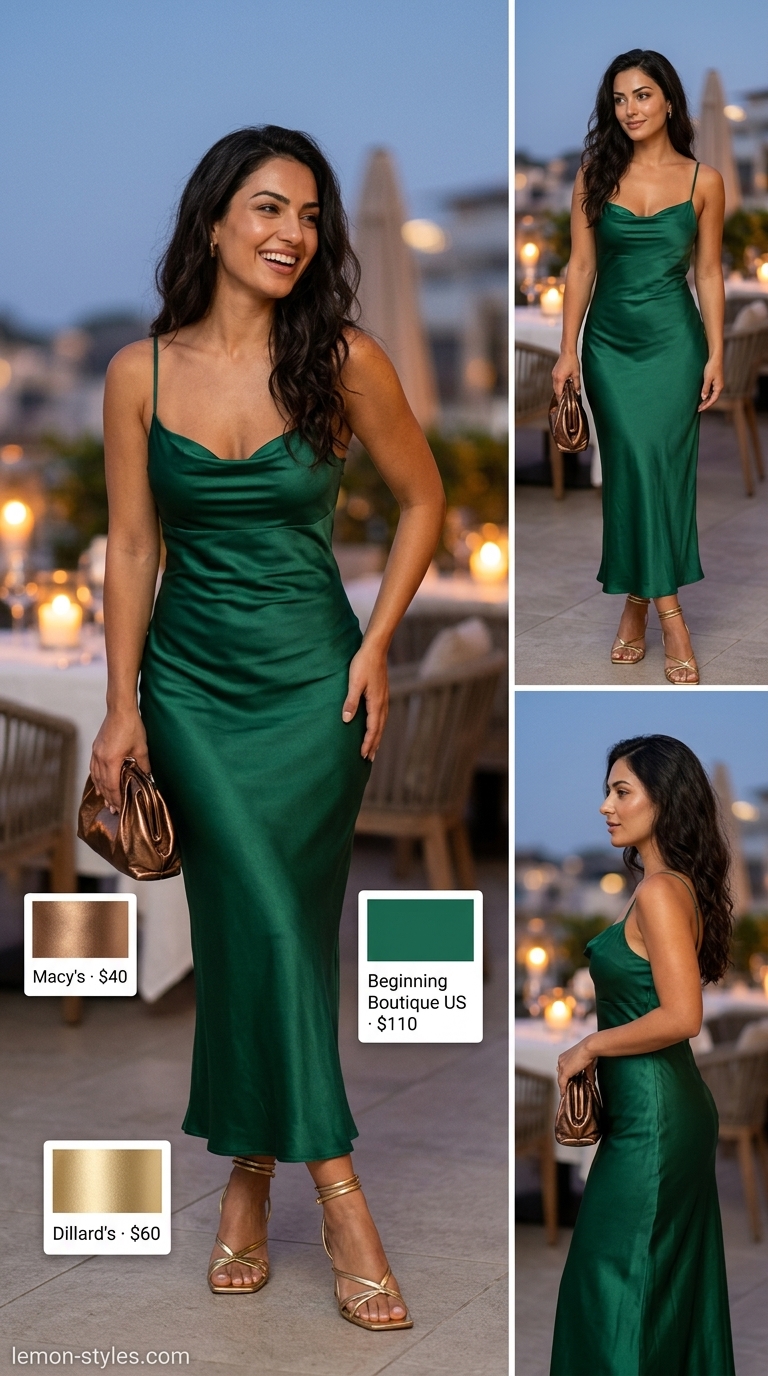 Summer Date Night Dress 2026: Emerald Satin Maxi Emerald green satin maxi dress for summer date night outfits for women 2026. Glamorous resort wear with metallic heels & gold accessories.