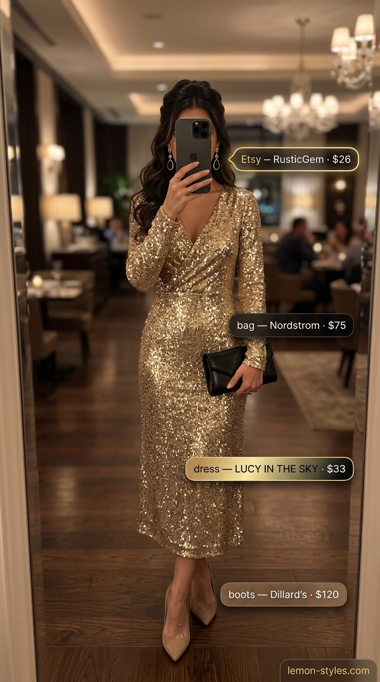 Gold Sequin Party Dress 2026 Gold sequin mini dress with black pumps for a cocktail party. Summer date night dress outfits for women 2026.