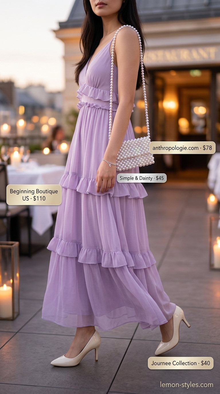 Lavender Cafe Date Dress 2026 Lavender chiffon maxi dress with pearl bag for a charming cafe date outfit. Summer date night dress outfits for women 2026.