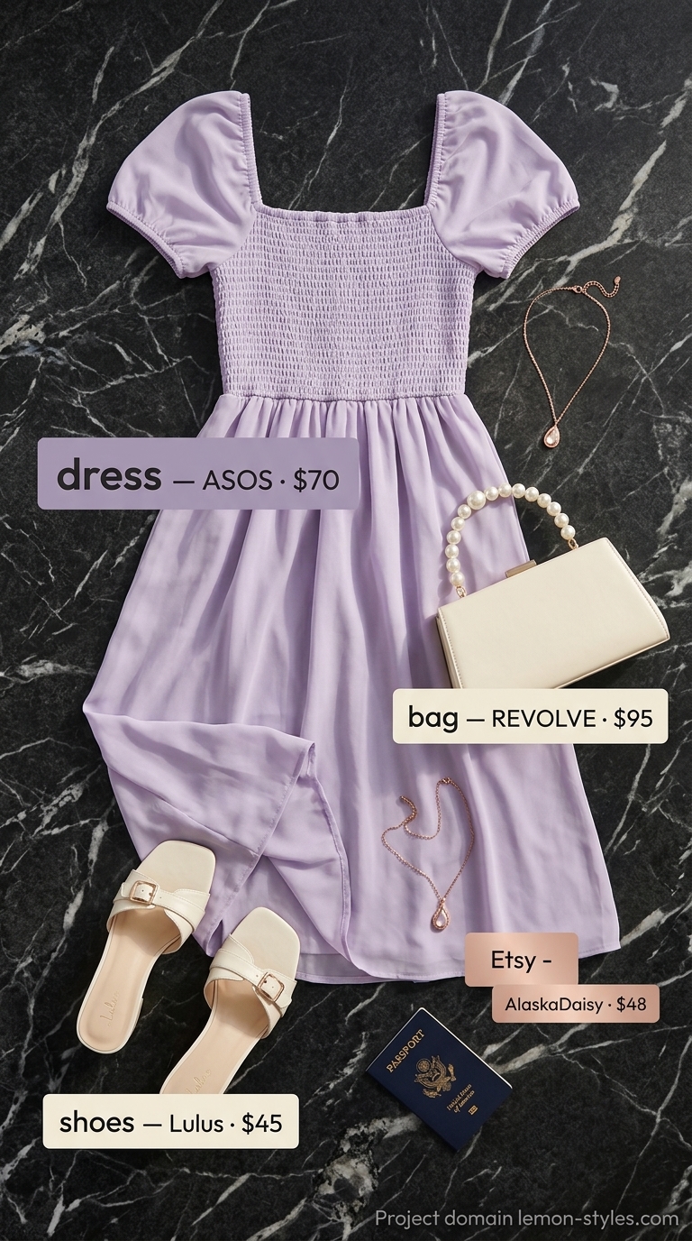Summer Date Night Dress 2026: Lavender Midi Lavender off-the-shoulder midi dress for summer date night outfits for women 2026. Whimsical garden party style with cream sandals.