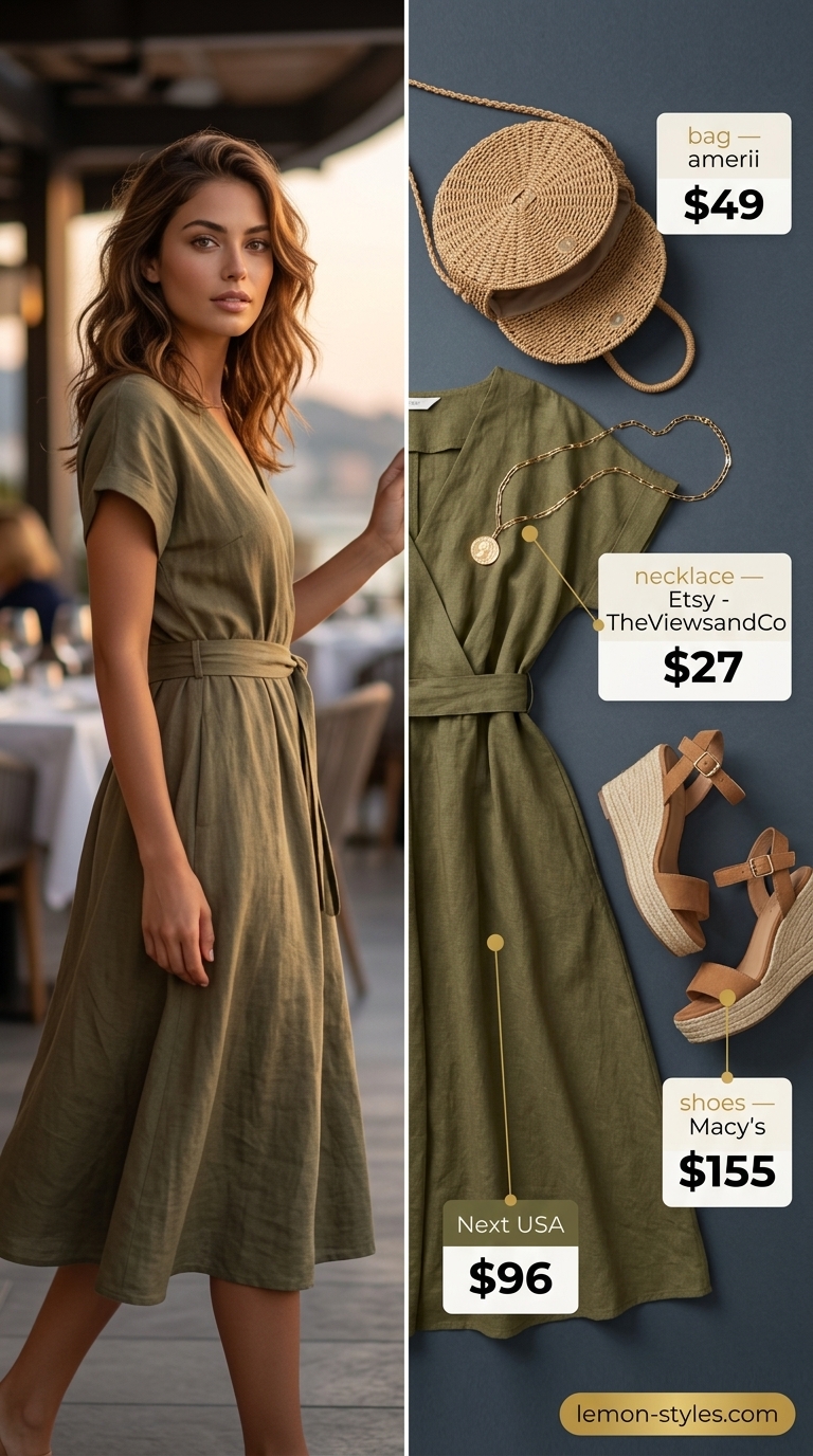 Summer Date Night Dress 2026: Olive Linen Midi Olive green linen midi dress for summer date night outfits for women 2026. Effortless coastal style with tan espadrilles & gold jewelry.