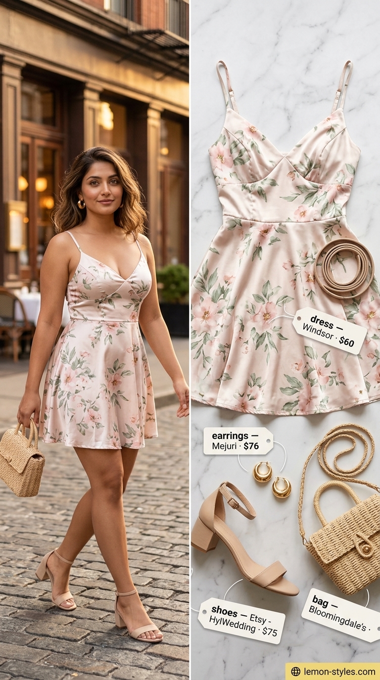 Summer Date Night Dress 2026: Pink Floral Mini Pastel pink floral mini wrap dress for summer date night outfits for women 2026. Sweet garden style with nude sandals & straw bag.