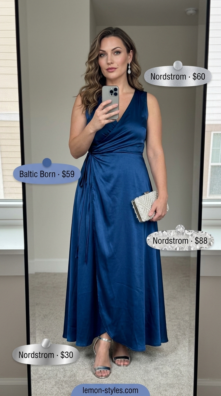 Sapphire Formal Maxi Dress 2026 Sapphire blue satin wrap maxi dress with pearl clutch for a formal dinner. Summer date night dress outfits for women 2026.