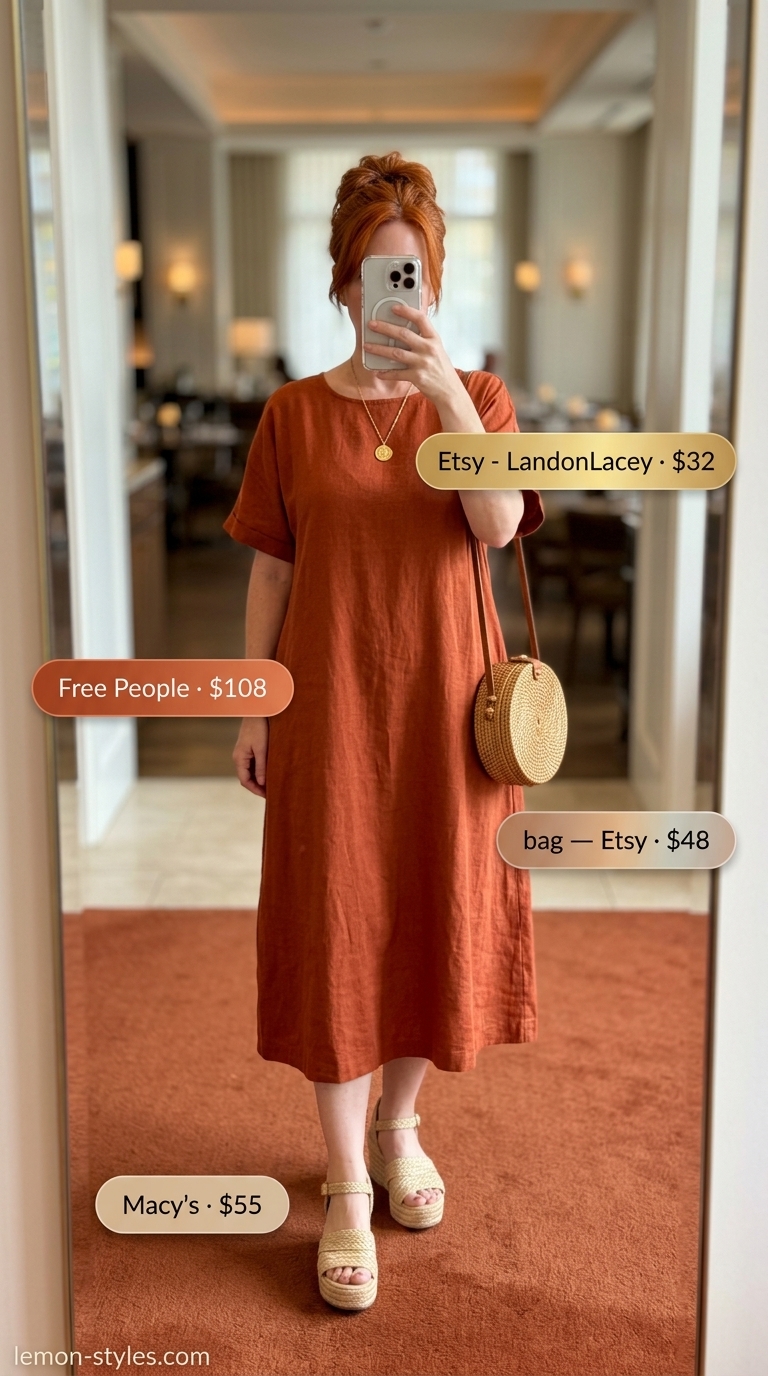 Summer Date Night Dress 2026: Terracotta Linen Midi Terracotta linen midi dress for summer date night outfits for women 2026. Boho picnic style with espadrilles & straw bag.