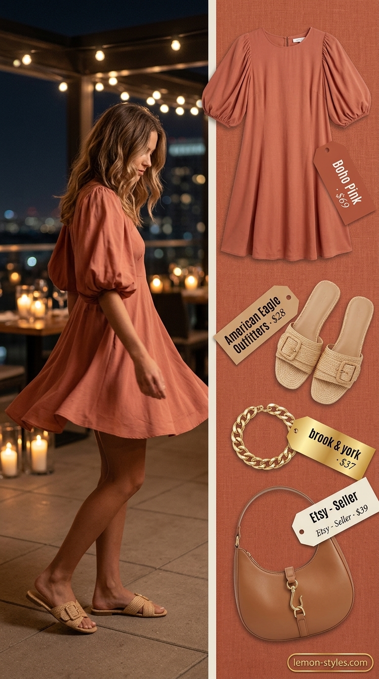 Terracotta Patio Dinner Dress 2026 Terracotta linen blend mini dress with raffia sandals for patio dinner. Summer date night dress outfits for women 2026.