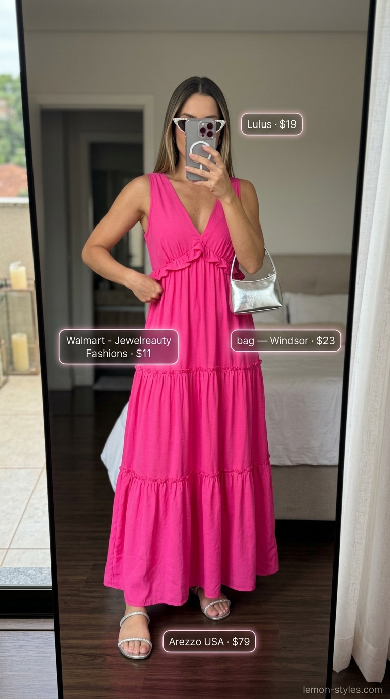 Summer Date Night Dress Outfits 2026: Vibrant Sunset Glow Hot pink tiered maxi dress for summer date night outfits 2026, with silver metallic sandals and a white shoulder bag.