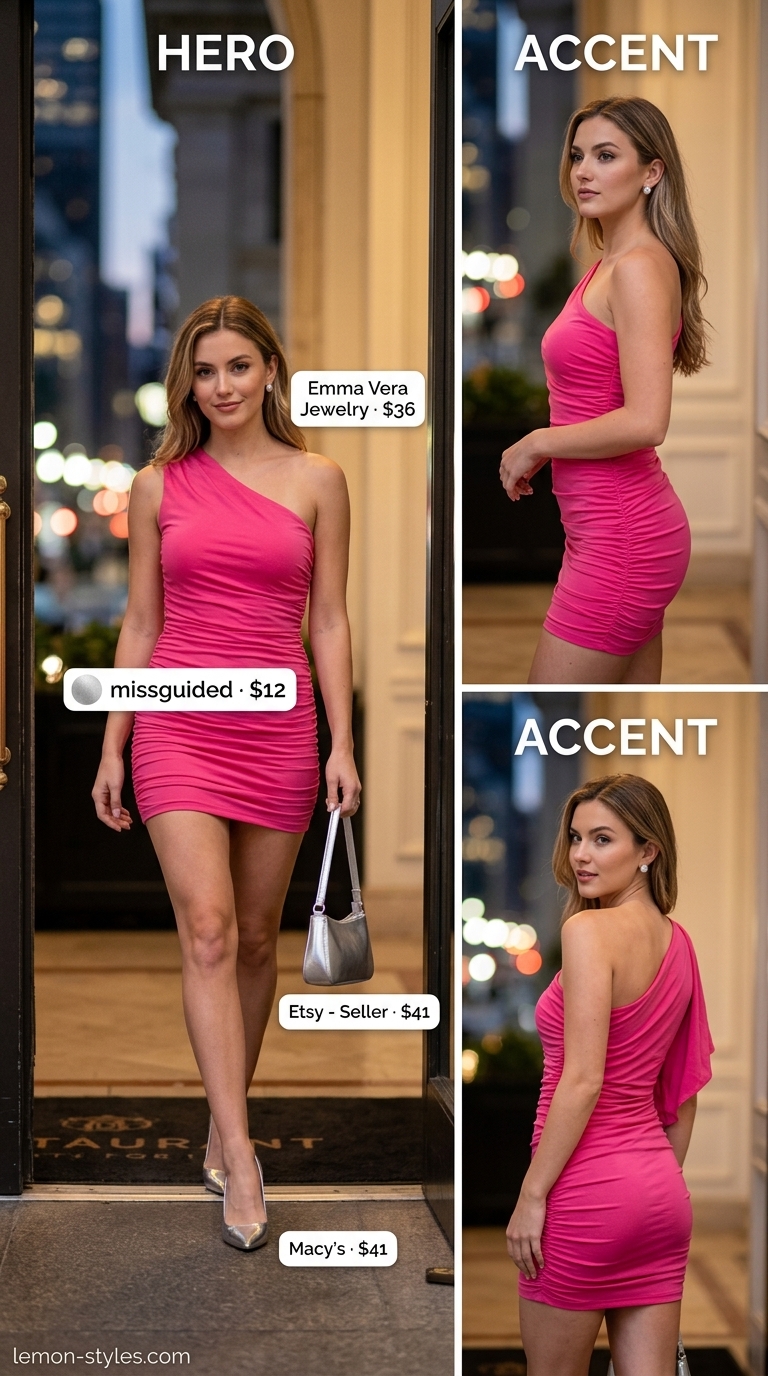 Summer Date Night Dress Outfits 2026: Flirty City Lights Hot pink one-shoulder mini dress for summer date night outfits 2026, with black heels and a sleek shoulder bag.