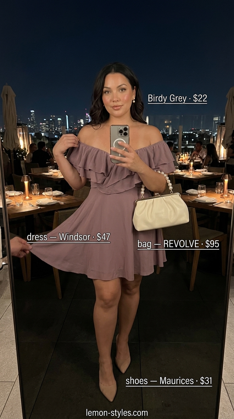 Summer Date Night Dress Outfits 2026: Sweet Lavender Garden Lavender off-shoulder ruffled mini dress for summer date night outfits 2026, with nude mules and a pearl bag.