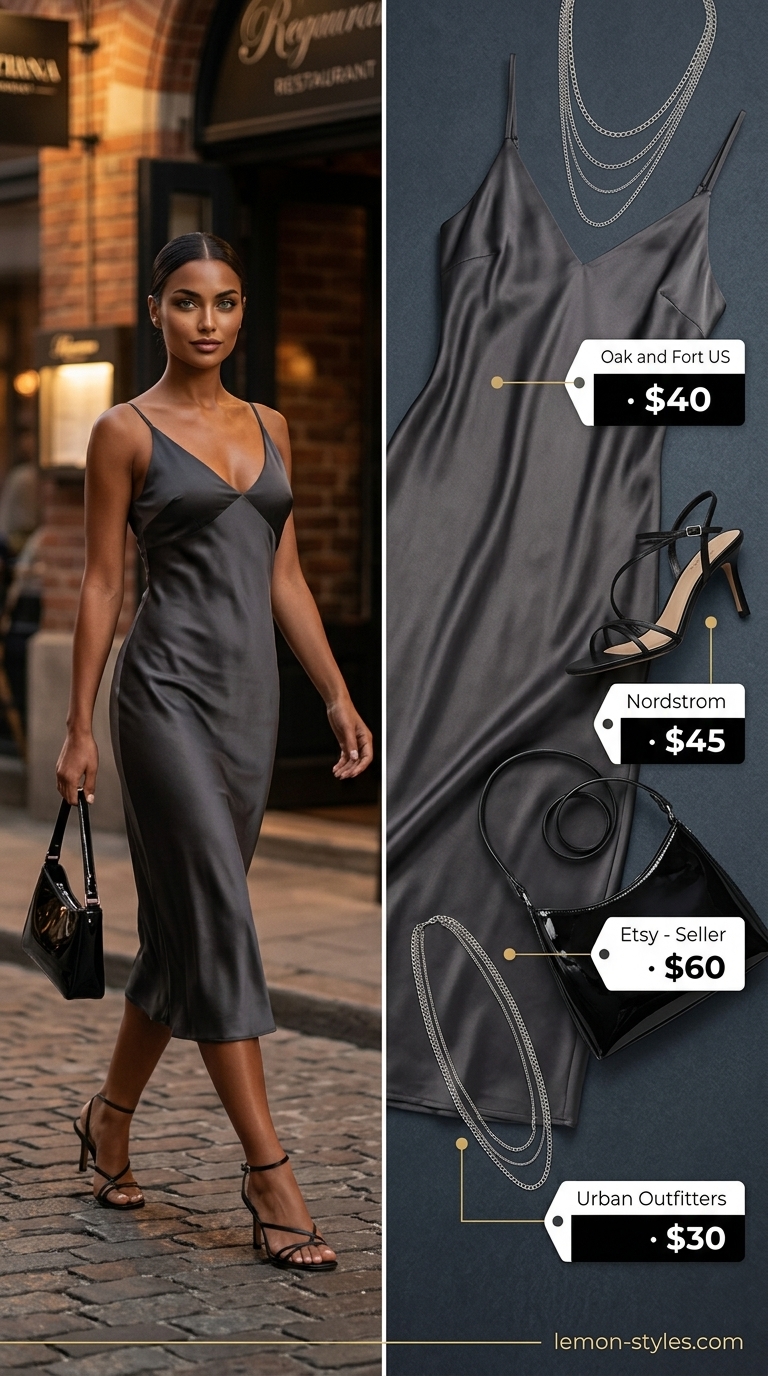 Summer Date Night Dress Outfits 2026: Sophisticated Moonlit Cafe Charcoal grey satin slip dress for summer date night outfits 2026, with black strappy sandals and a patent mini bag.