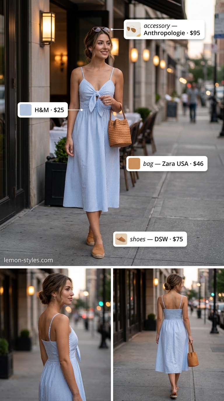 Summer Date Night Dress Outfits 2026: Polished Patio Chic Light blue stripe cotton shirt dress for summer date night outfits 2026, styled with aviator sunglasses and espadrille slides.