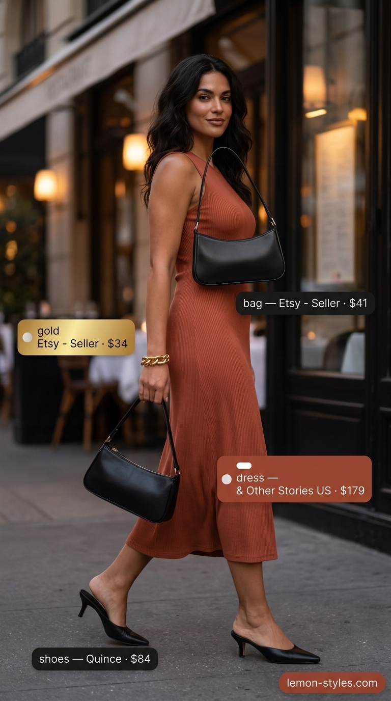 Terracotta orange ribbed knit midi dress for summer date night outfits 2026, with black heeled mules and gold bracelet.