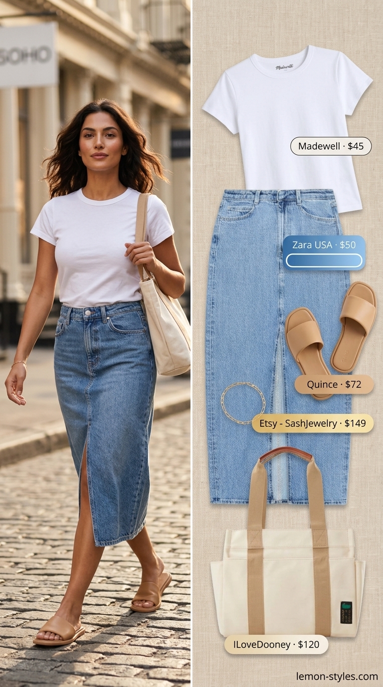 Summer Denim Skirt 2026: Weekend Market Casual Chic Medium wash denim midi skirt with white tee for weekend errands, casual brunch, farmer's market. Relaxed chic.