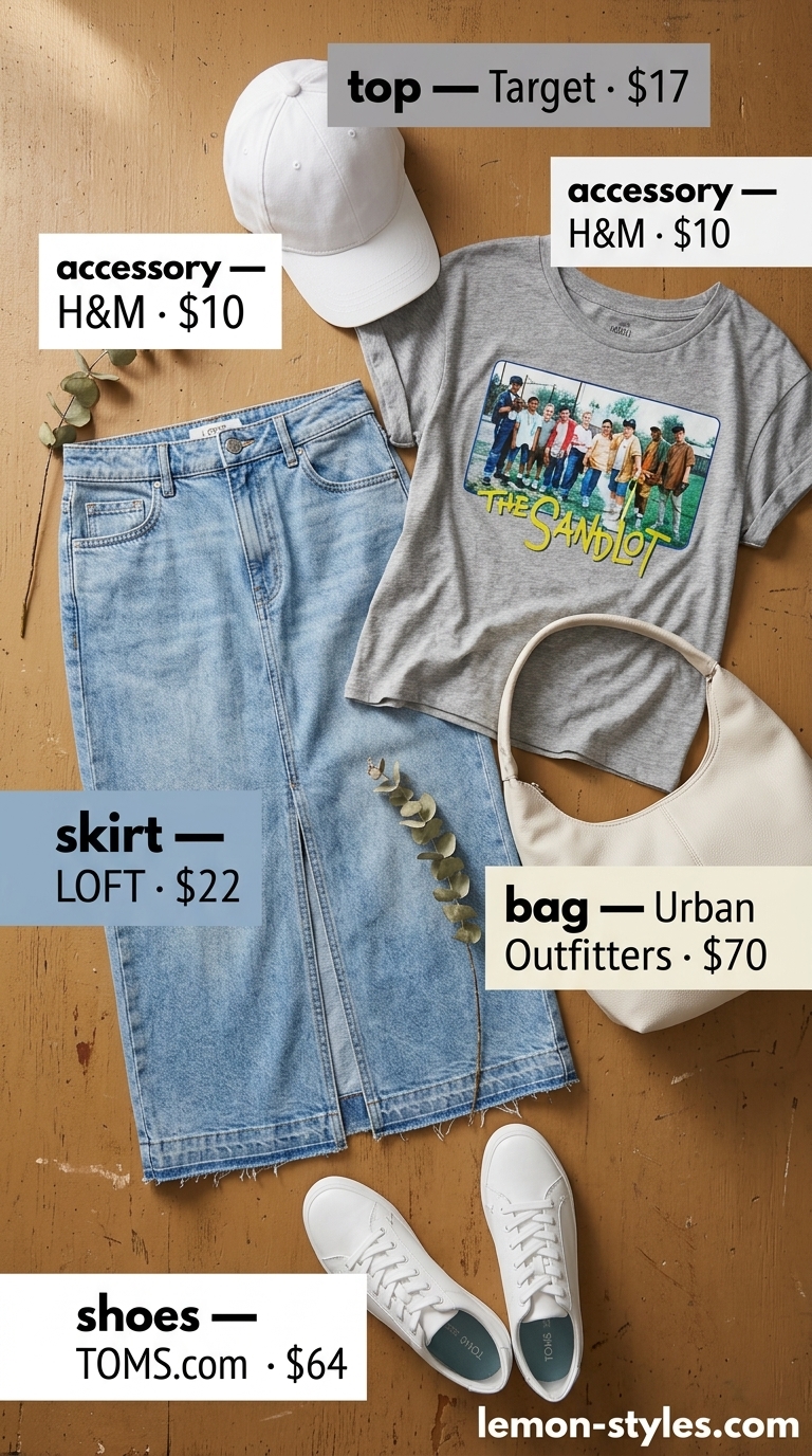 Casual Denim Midi Skirt 2026 Casual Cool Comfort: Light wash denim midi skirt, grey graphic tee, white sneakers, baseball cap for summer 2026.