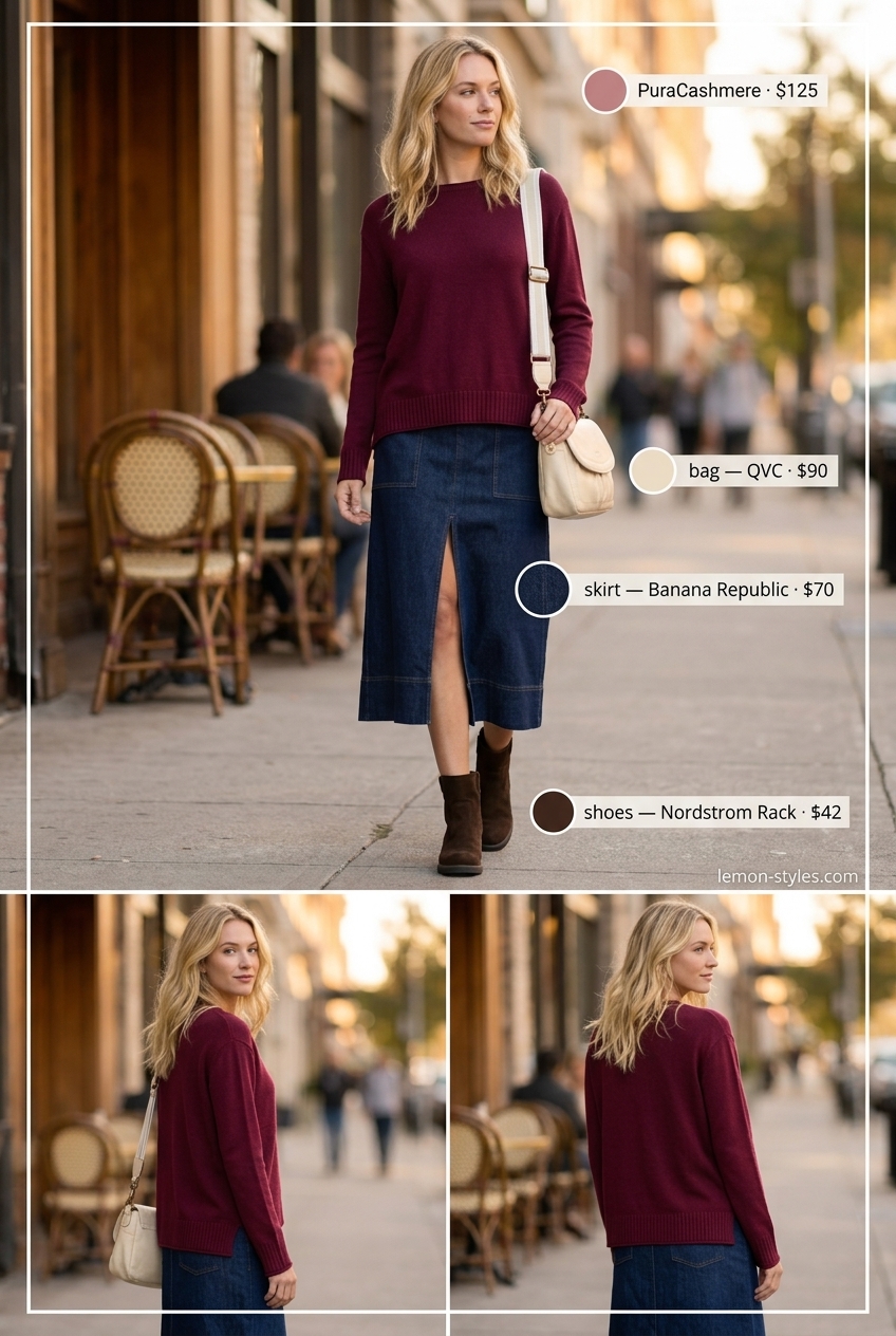 Cozy Denim Midi Skirt 2026 Casual Friday Comfort: Dark wash denim midi skirt, burgundy sweater, ankle boots, cream crossbody for summer 2026.