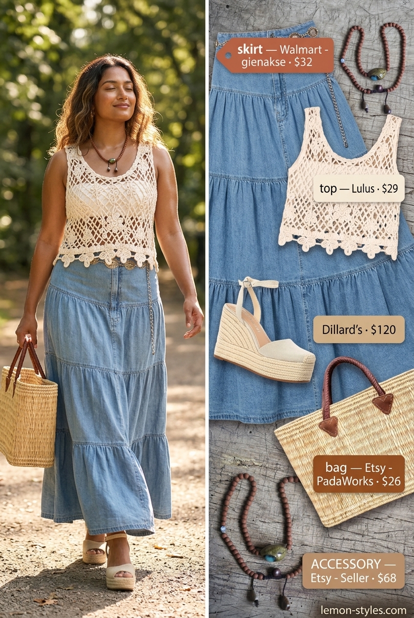 Coastal Denim Skirt Outfit 2026 Coastal Getaway Chic: Light wash denim maxi skirt, cream crochet top, jute wedges, straw tote for summer 2026.