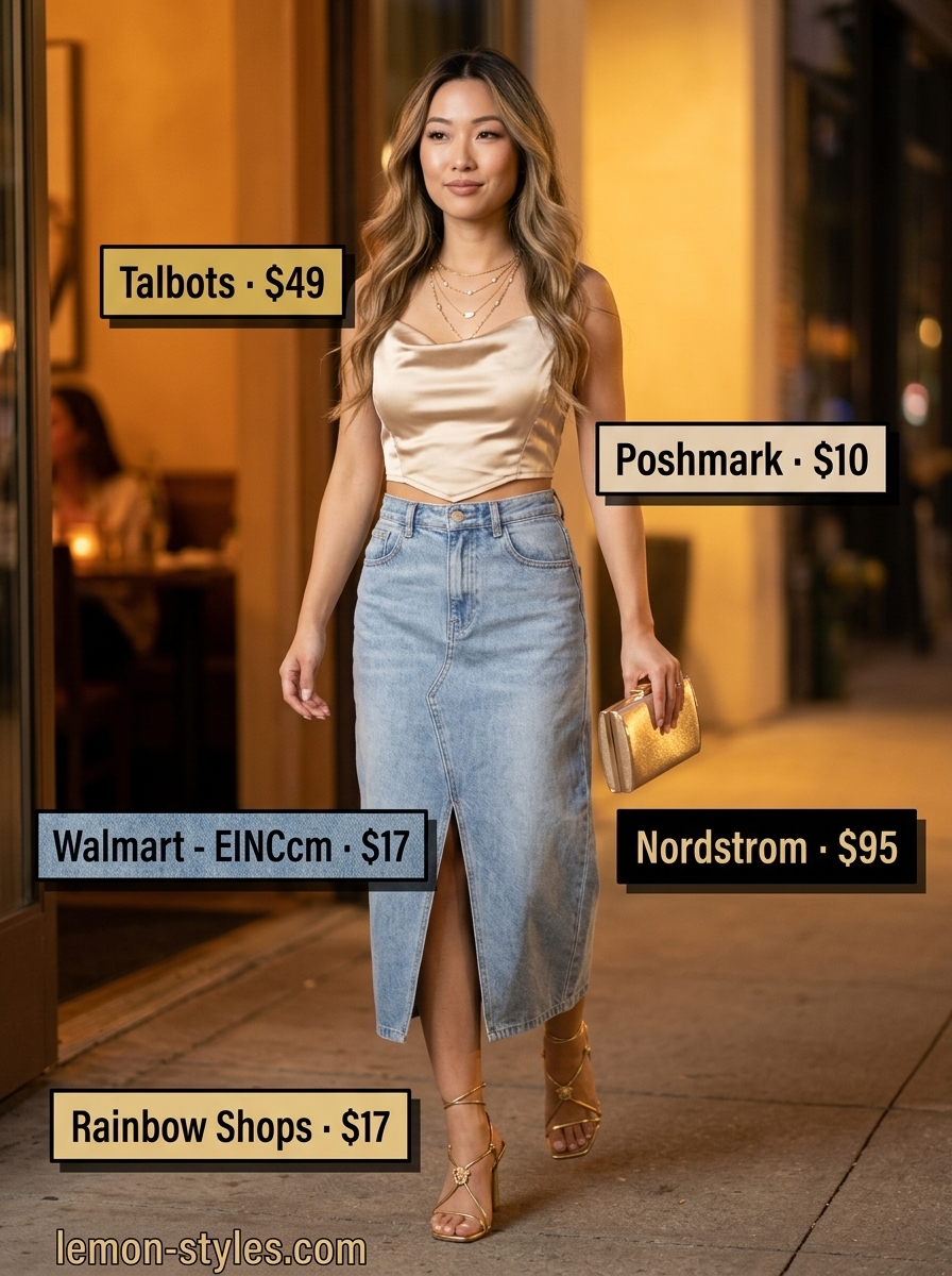 Cocktail Hour Denim Skirt 2026 Chic summer denim skirt outfit 2026 for cocktails with satin crop top, heeled sandals, and clutch.
