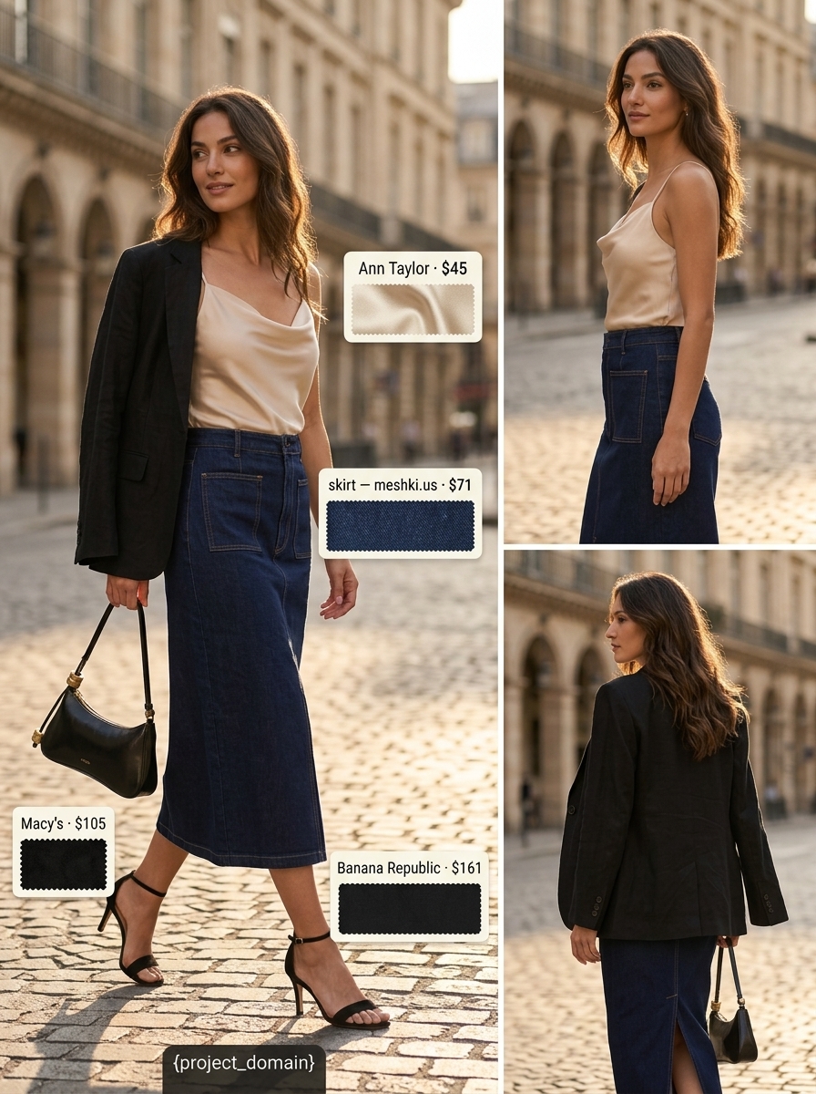 Chic Denim Midi Skirt Outfit 2026 Elevated Summer Evening: Dark wash denim midi skirt, champagne camisole, black blazer, strappy heels for summer 2026.