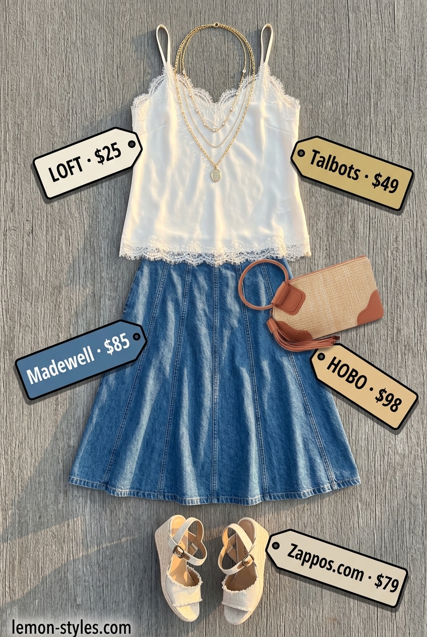Coastal Chic Denim Skirt 2026 Elegant summer denim skirt outfit 2026 for evening out with satin cami, espadrilles, and straw clutch.