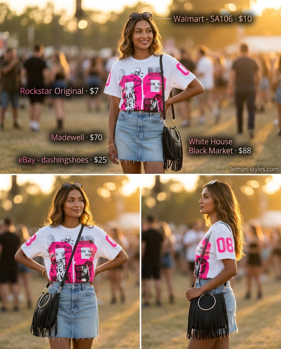 Festival Denim Mini Skirt 2026 Festival Ready: Medium wash distressed denim mini skirt, bright pink graphic tee, black boots, fringe bag for summer 2026.