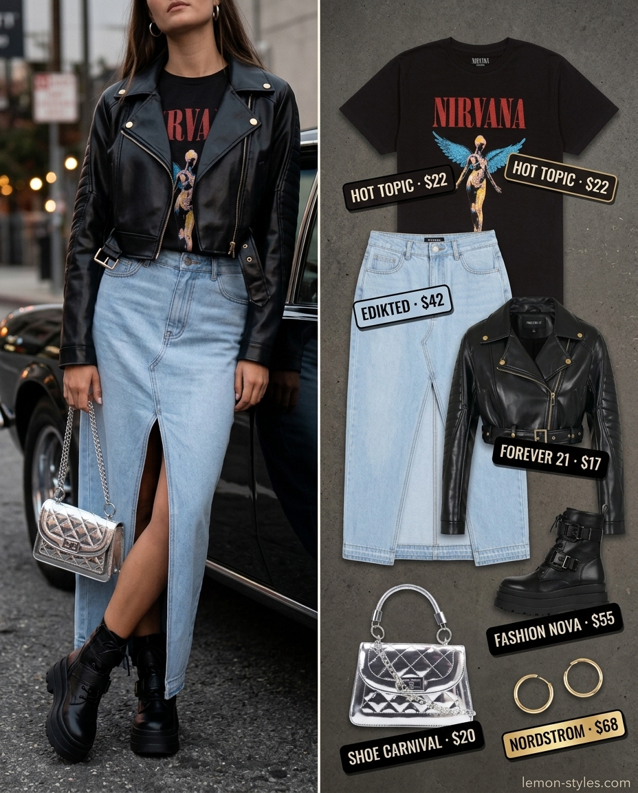 Edgy summer denim skirt outfit 2026 for night out with moto jacket, band tee, and combat boots.