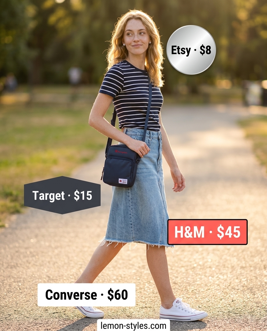 Picnic Perfect Summer Denim Skirt 2026 Playful summer denim skirt outfit 2026 with striped tee, white sneakers, and crossbody bag for a picnic.