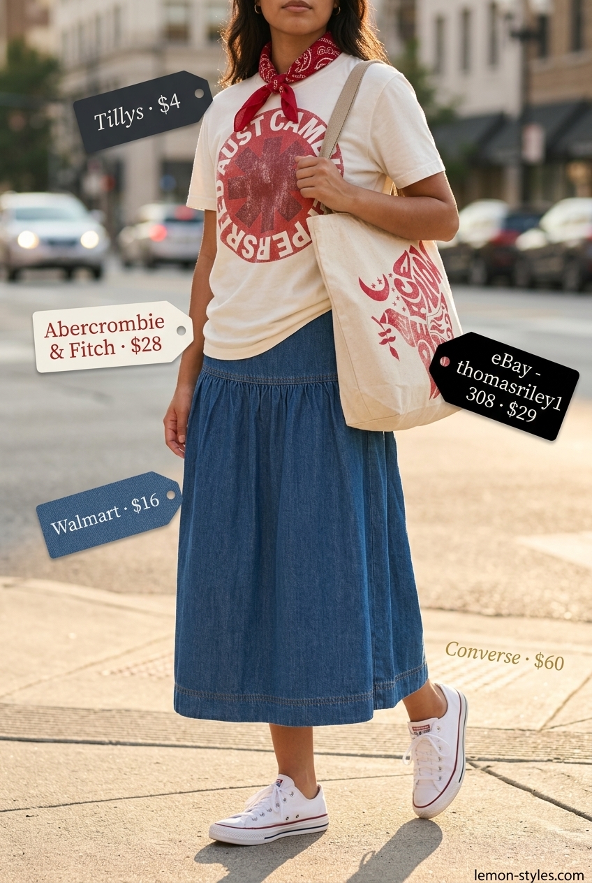 Retro Vibes Denim Skirt 2026 Retro summer denim skirt outfit 2026 with graphic tee, canvas sneakers, and bandana accent.
