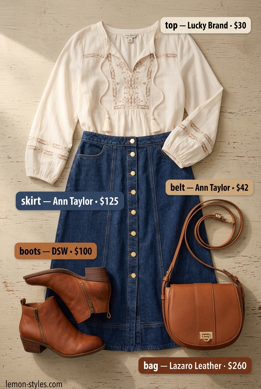 Vintage Denim Midi Skirt 2026 Retro Denim Dream: Dark wash button-front midi skirt, cream peasant blouse, brown leather boots & saddle bag for summer 2026.