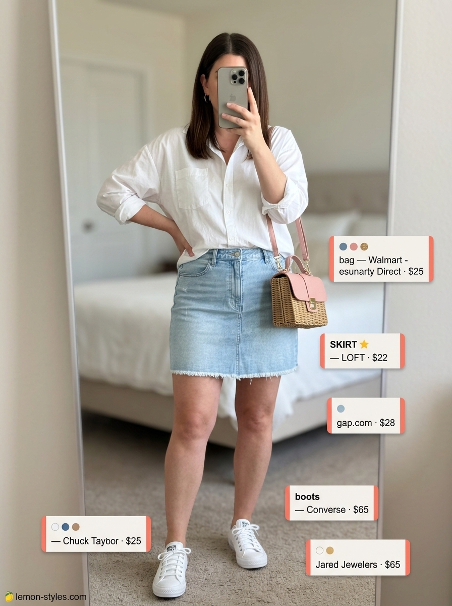Retro Denim Mini Skirt 2026 Retro Denim Mini: Light wash frayed denim mini skirt, oversized white shirt, straw crossbody, hoop earrings for summer 2026.