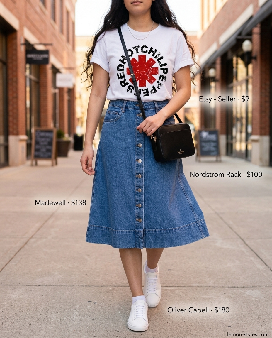 Playful Denim Midi Skirt 2026 Sunny Day Denim Dream: Medium wash A-line midi skirt, graphic tee, white sneakers, crossbody bag for summer 2026.