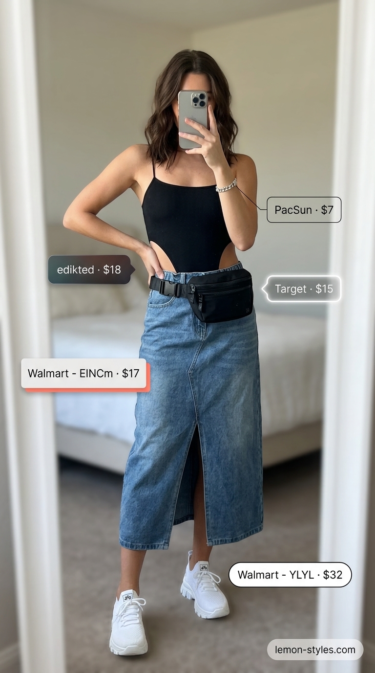 Trendy Denim Cargo Skirt 2026 Urban Explorer Cargo: Olive green denim skirt, black bodysuit, chunky sneakers, belt bag for summer 2026.