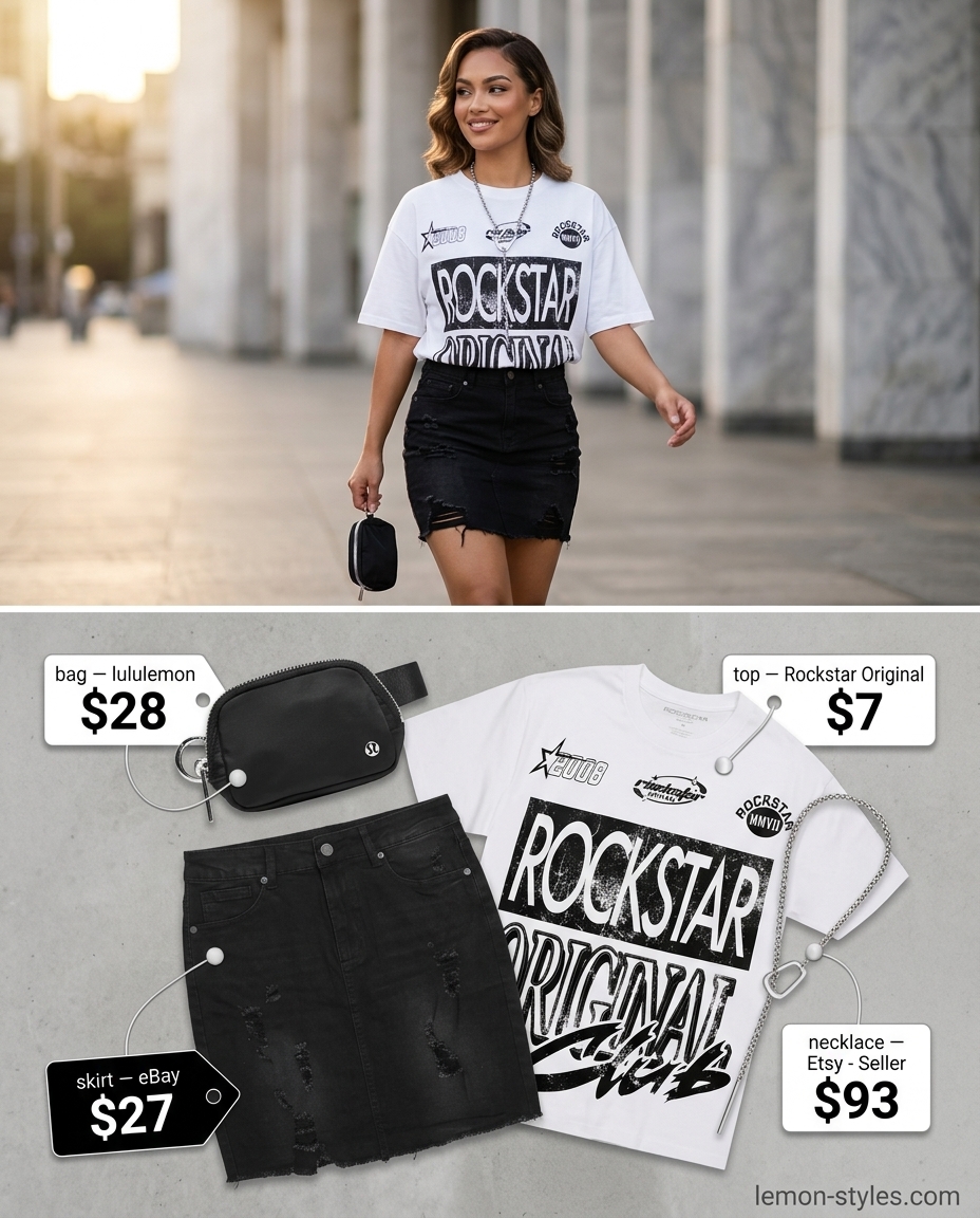 Edgy Denim Mini Skirt 2026 Urban Explorer: Black distressed denim mini skirt, graphic tee, combat boots, belt bag for summer 2026.