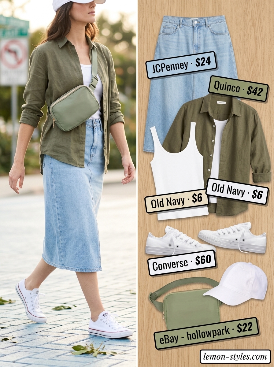 Weekend Wanderer Denim Skirt 2026 Weekend getaway outfit 2026 with denim skirt, linen shirt, tank top, sneakers, and belt bag.