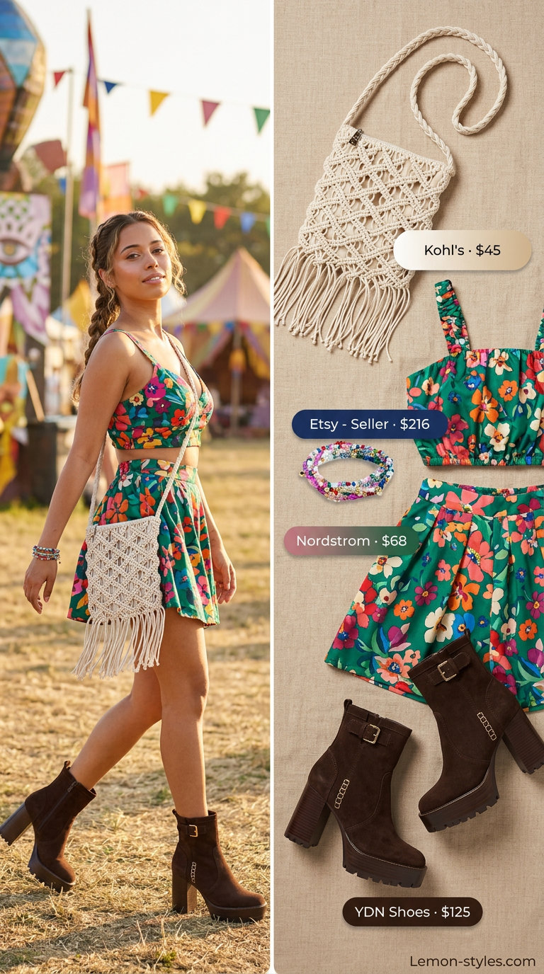 Boho Festival Outfits with Boots 2026 Emerald green floral set with wide-leg pants and platform boots for summer festival outfits with boots for women 2026.