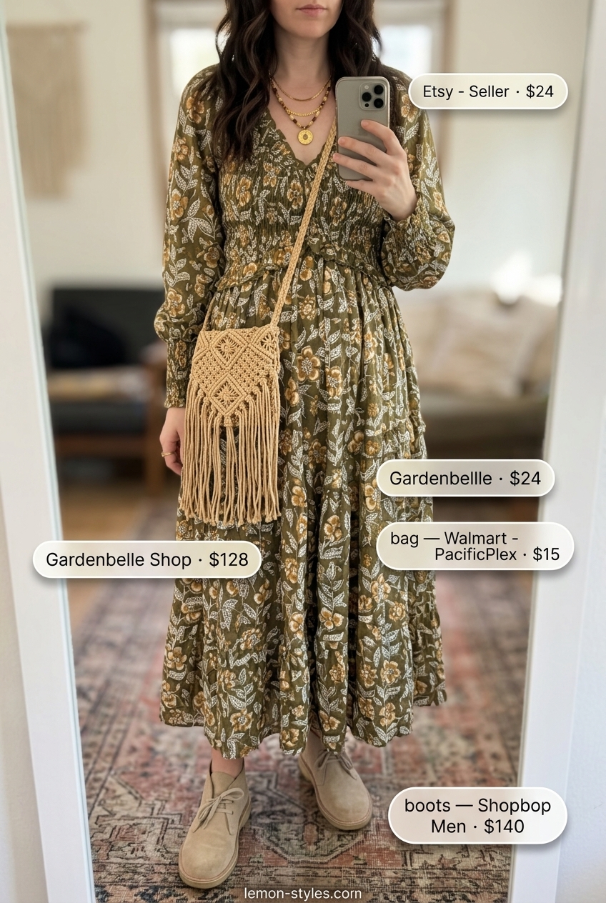 Desert Festival Outfits with Boots 2026 Bohemian summer festival outfits with boots for women 2026: Earthy maxi dress, suede desert boots, layered necklaces, macrame bag.
