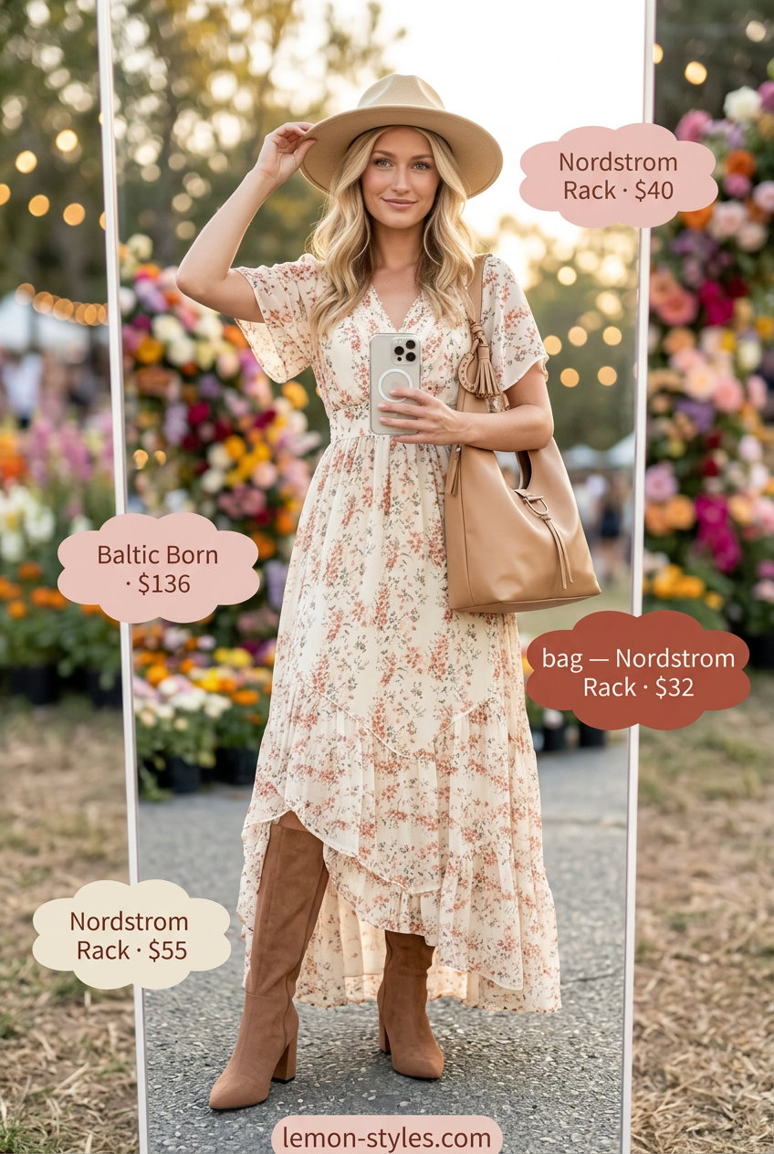 Boho Festival Outfits with Boots 2026 Ethereal summer festival outfits with boots for women 2026: Pastel floral maxi dress, suede boots, slouchy bag, wide-brimmed hat.