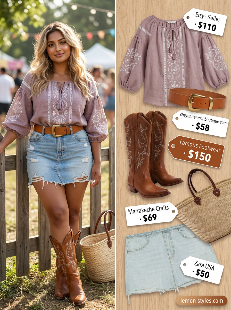 Cowgirl Festival Outfits with Boots 2026 Cowgirl chic summer festival outfits with boots for women 2026: Denim skirt, peasant blouse, cowboy boots, straw tote.