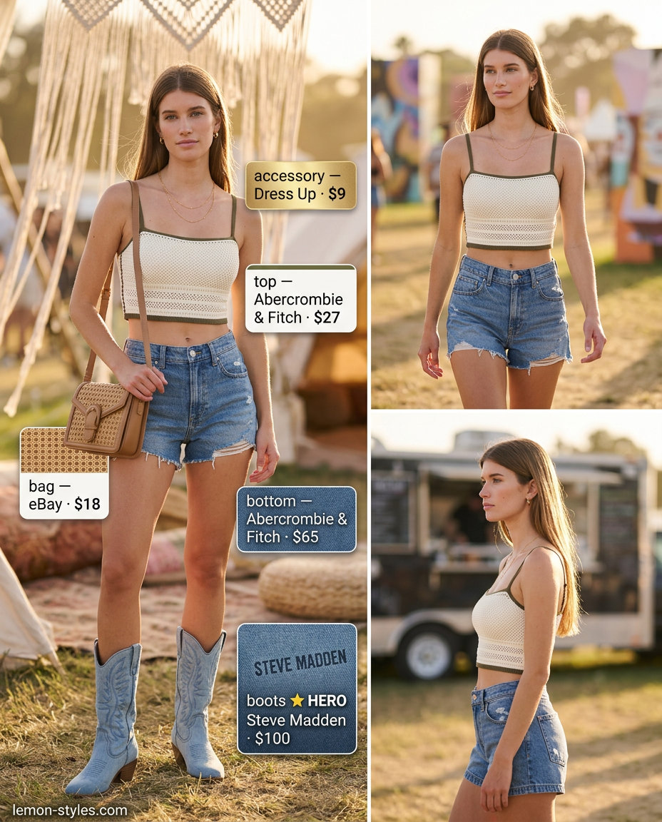 Denim Festival Outfits with Boots 2026 Denim ankle boots, crochet crop top, and denim shorts for summer festival outfits with boots for women 2026.