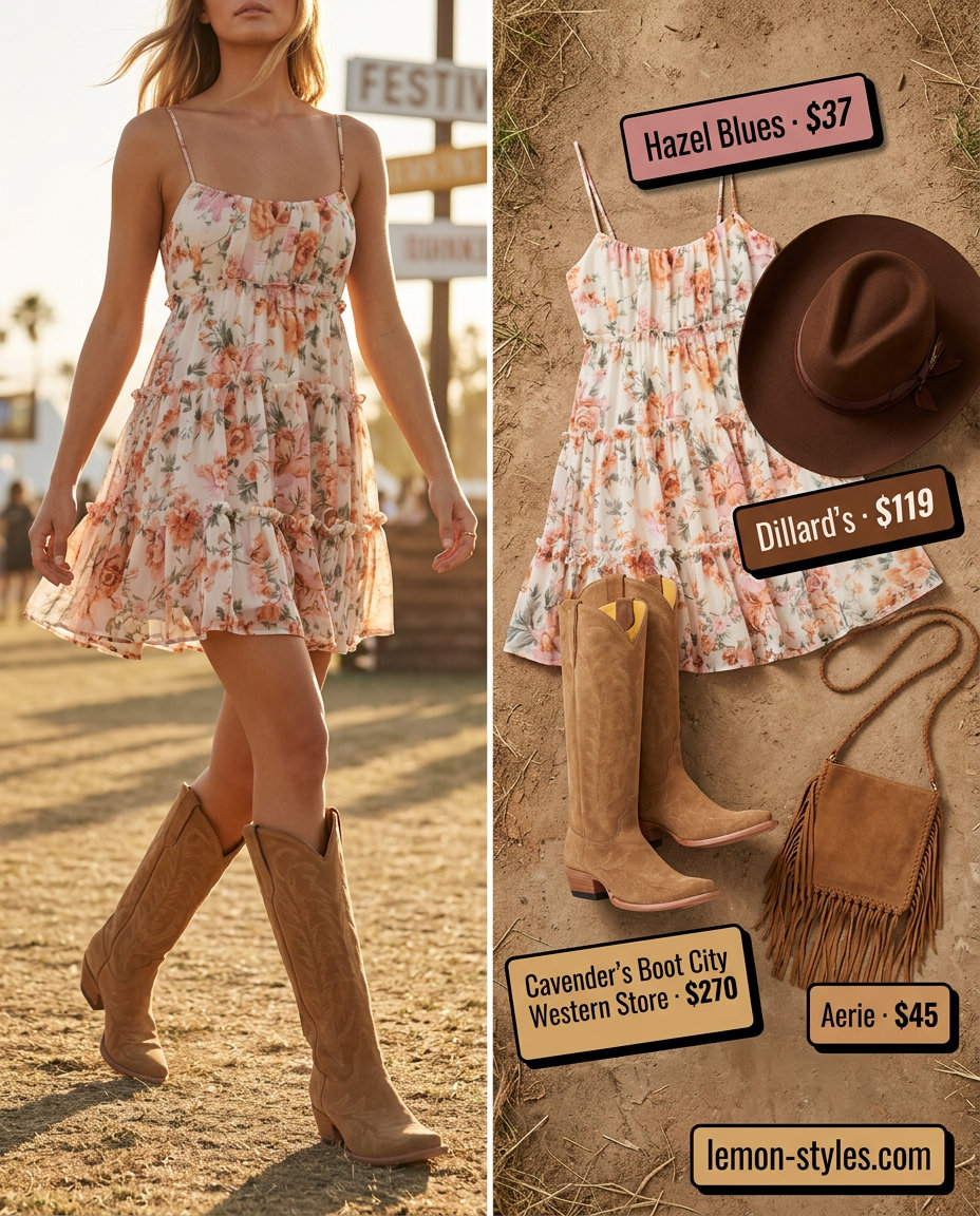 Desert Bloom Explorer 2026: Boho Chic Desert Bloom Explorer: Floral mini dress, suede boots, and fringe bag for summer festival outfits with boots for women 2026.
