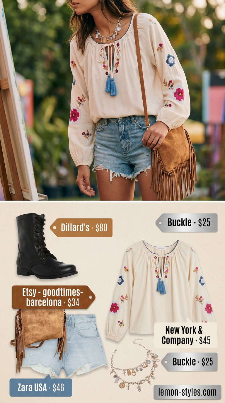 Desert Mirage Boots: Denim shorts, peasant blouse, combat boots for summer festival outfits with boots for women 2026.