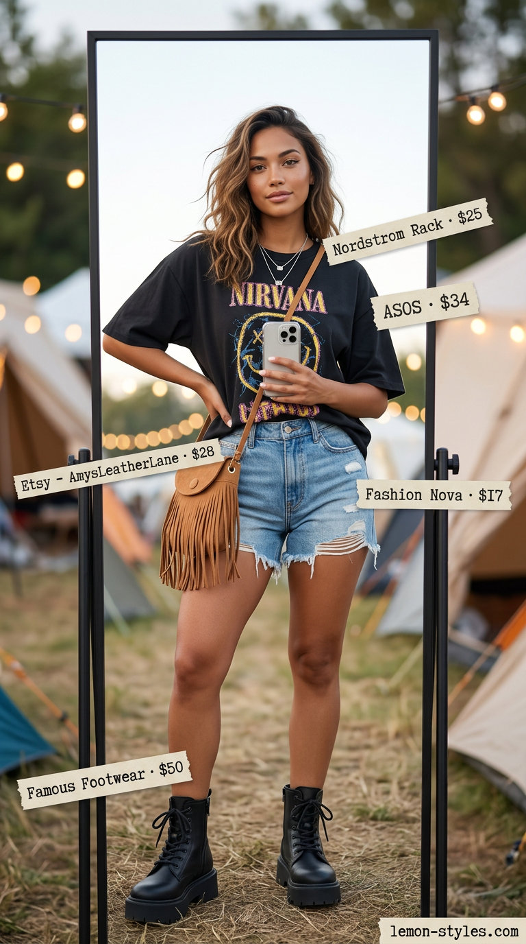 Desert Festival Outfits with Boots 2026 Distressed denim shorts, graphic tee, and chunky platform boots for summer festival outfits with boots for women 2026.