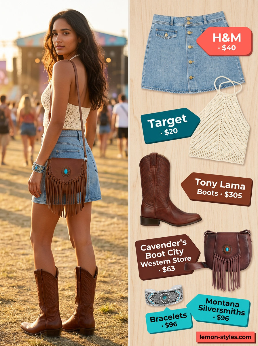 Festival Cowgirl Boots 2026: Western Style Festival Cowgirl Boots: Denim skirt, crochet top, and cowboy boots for summer festival outfits with boots for women 2026.